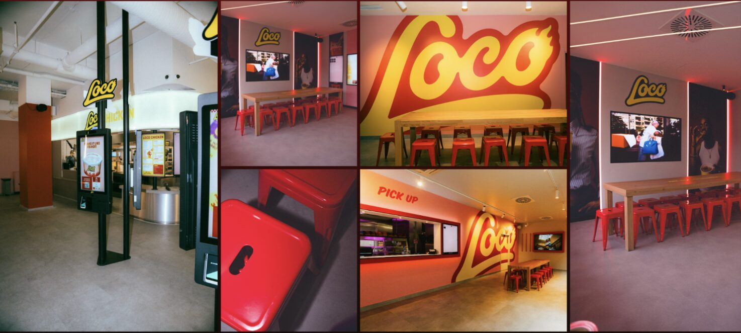 Loco Chicken Store Konzept mit großem Loco Schriftzug, roten Hockern und Pick up Theke